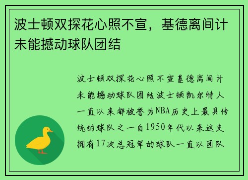 波士顿双探花心照不宣，基德离间计未能撼动球队团结